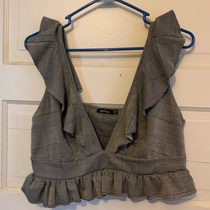 Boohoo Plaid Ruffle V-Neck Crop Top